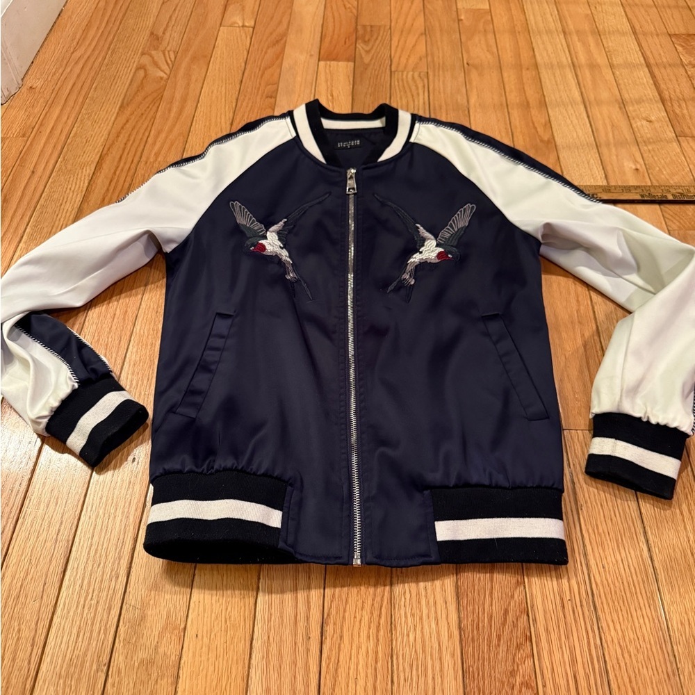 Navy White Hummingbird embroidered bomber jacket SZE S
